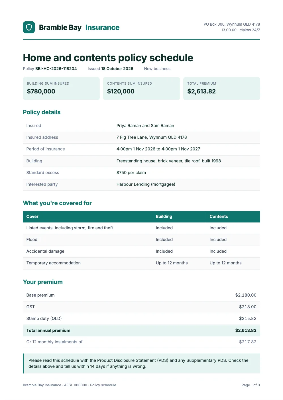 Sample home and contents policy schedule with premium breakdown