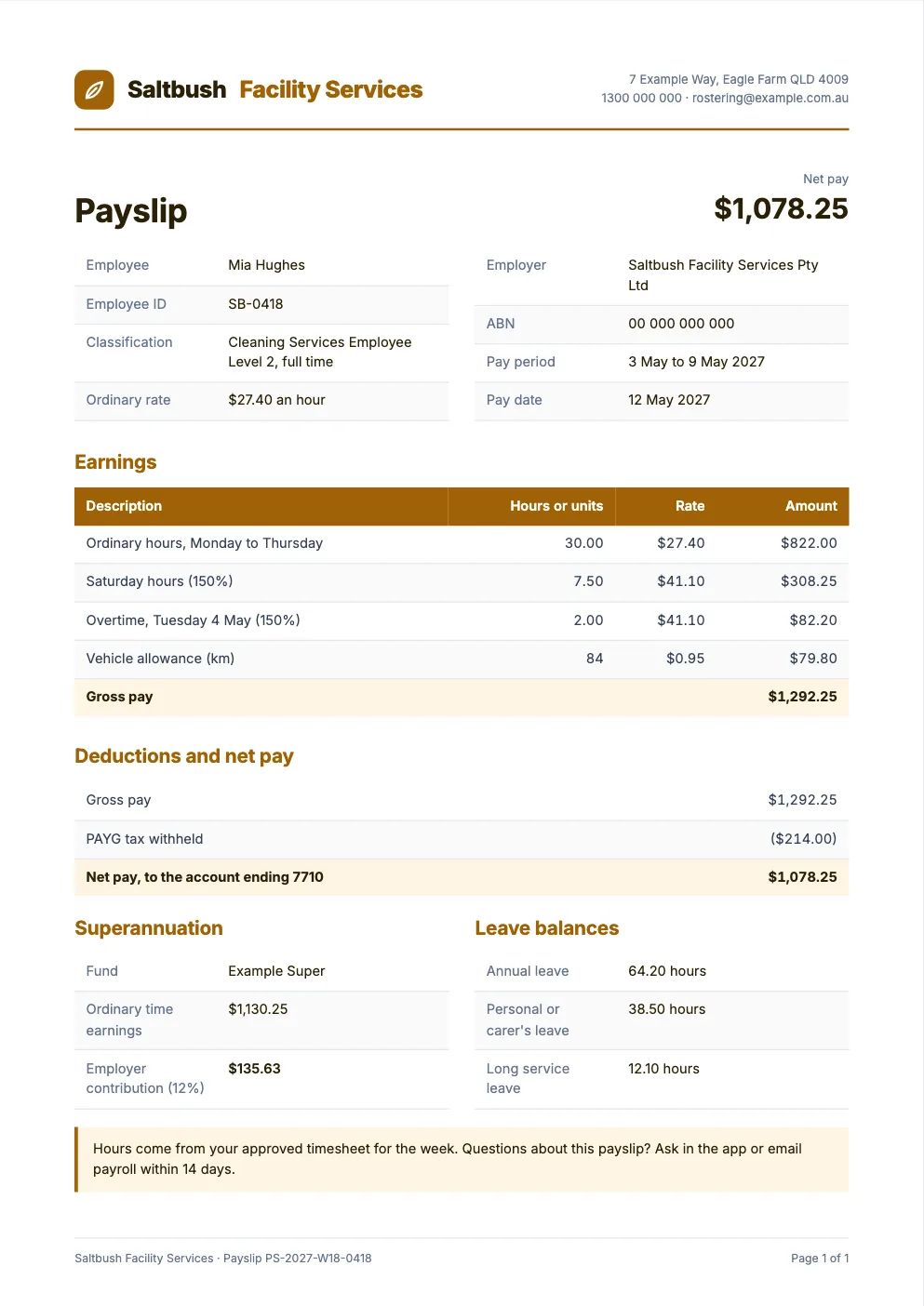 Sample payslip with penalty rates, allowance and super