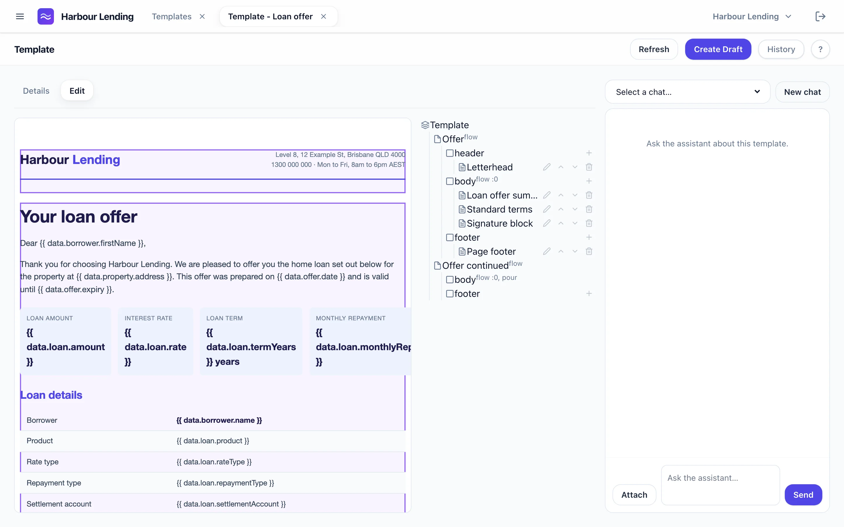 The DocGen template editor building a loan offer, with merge fields in the layout